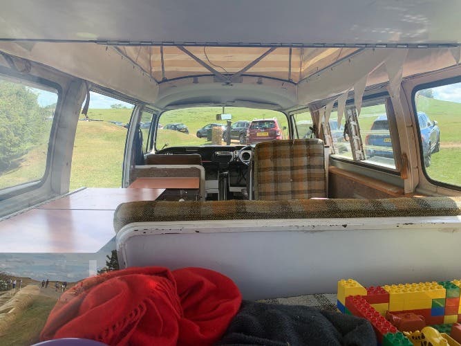 White with pop up roof Devon conversion, 1977 T2